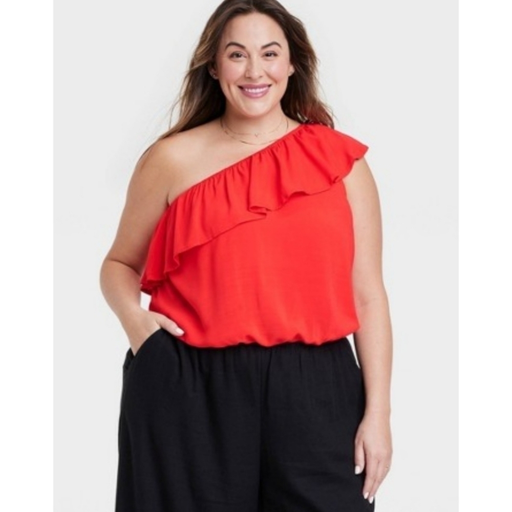 Ava & Viv One Shoulder Ruffled Red Crop Top